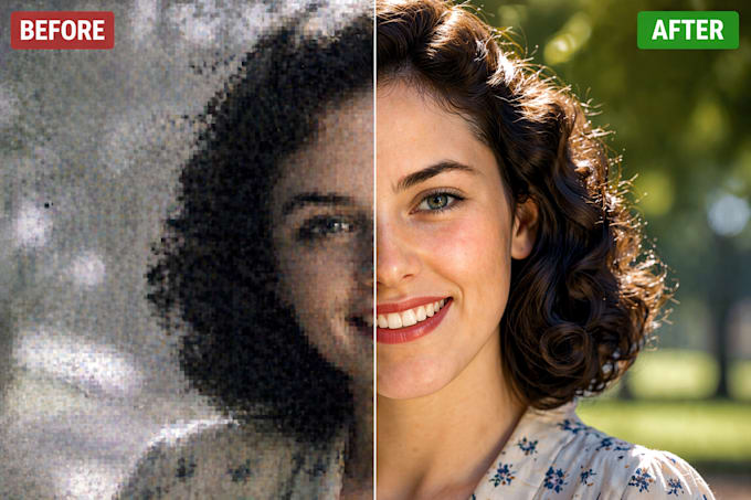 Before and after AI image enhancement example showing a noisy portrait improved into a cleaner, sharper photo