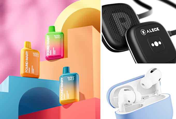 Photorealistic 3D product rendering collage showing packaging, electronics, and earbuds