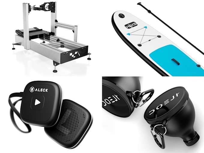 3D product visualization collage showing technical products, paddle board detail, and product accessories